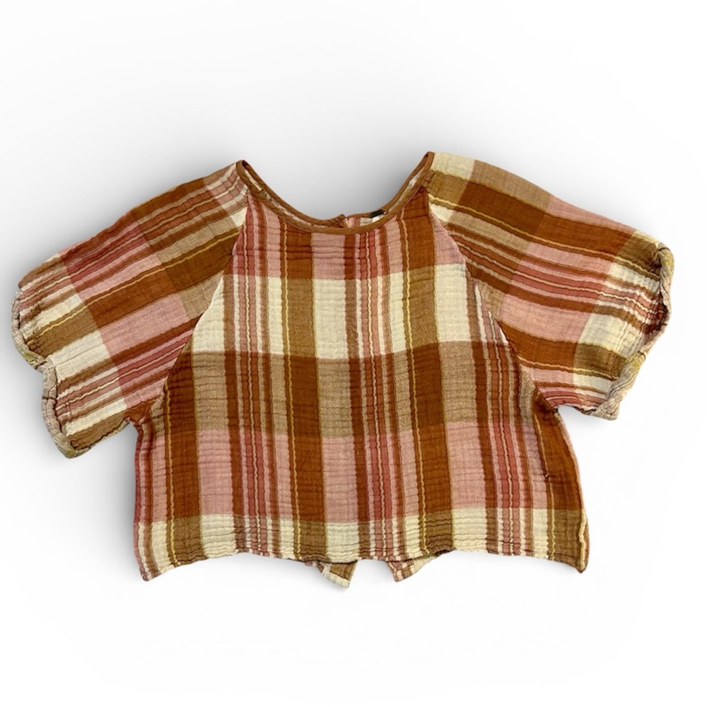 Free People Short Sleeve Plaid Top in Rust, Pink & Cream